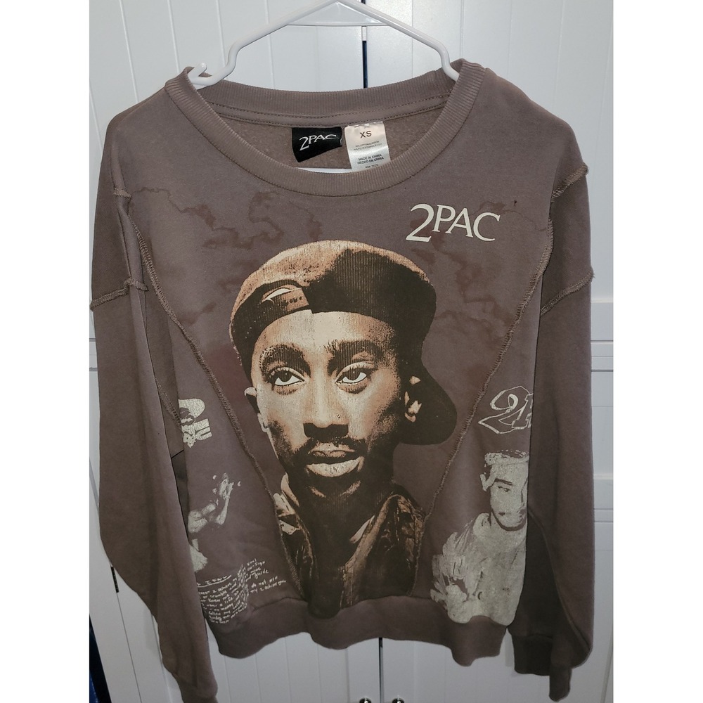 2Pac Tupac Mens Brown Graphic Crewneck Sweatshirt Reverse Seams XS New